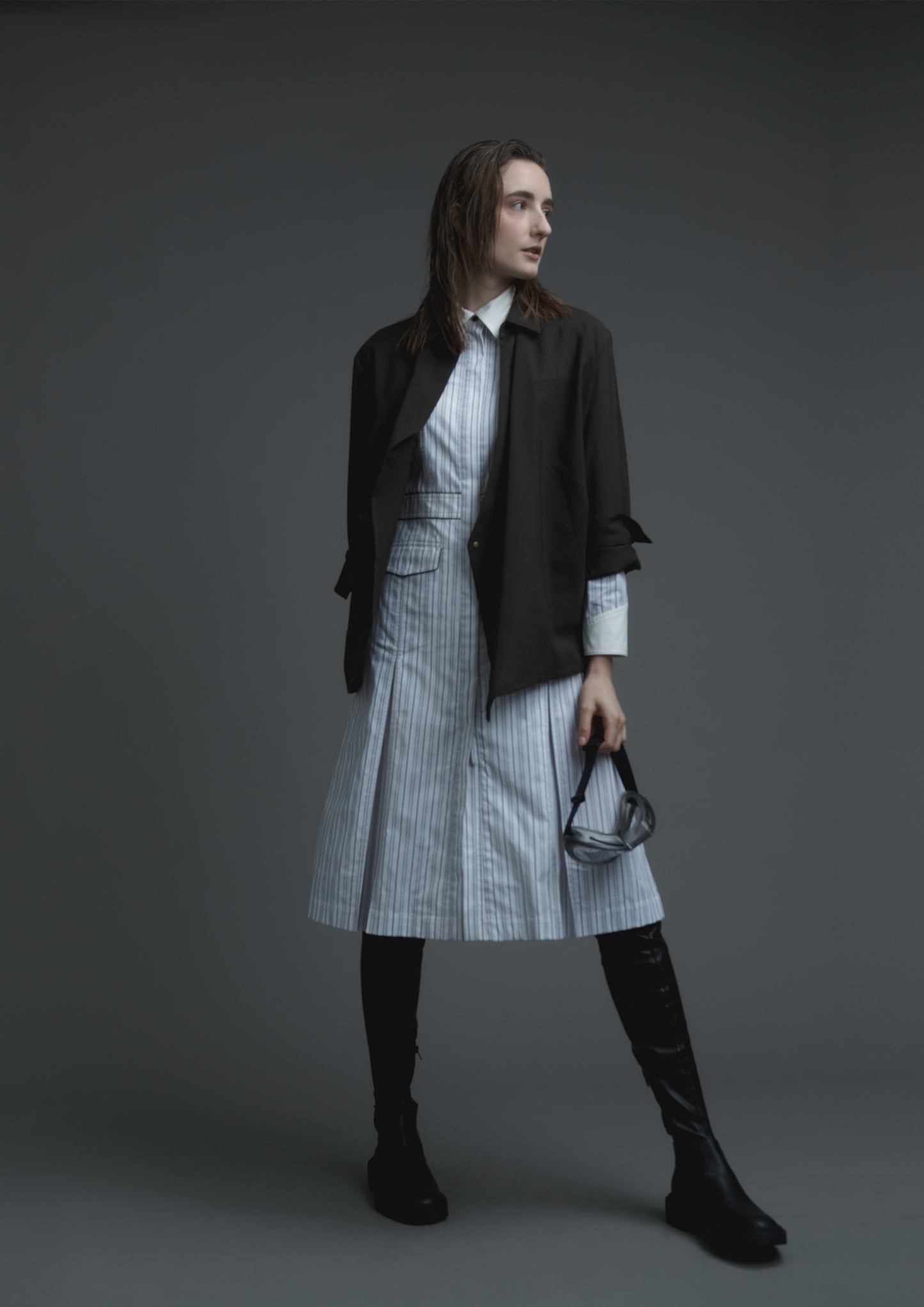 Uniform shirt dress in brown and white striped shirting