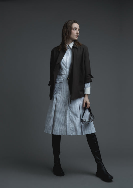 Uniform shirt dress in brown and white striped shirting