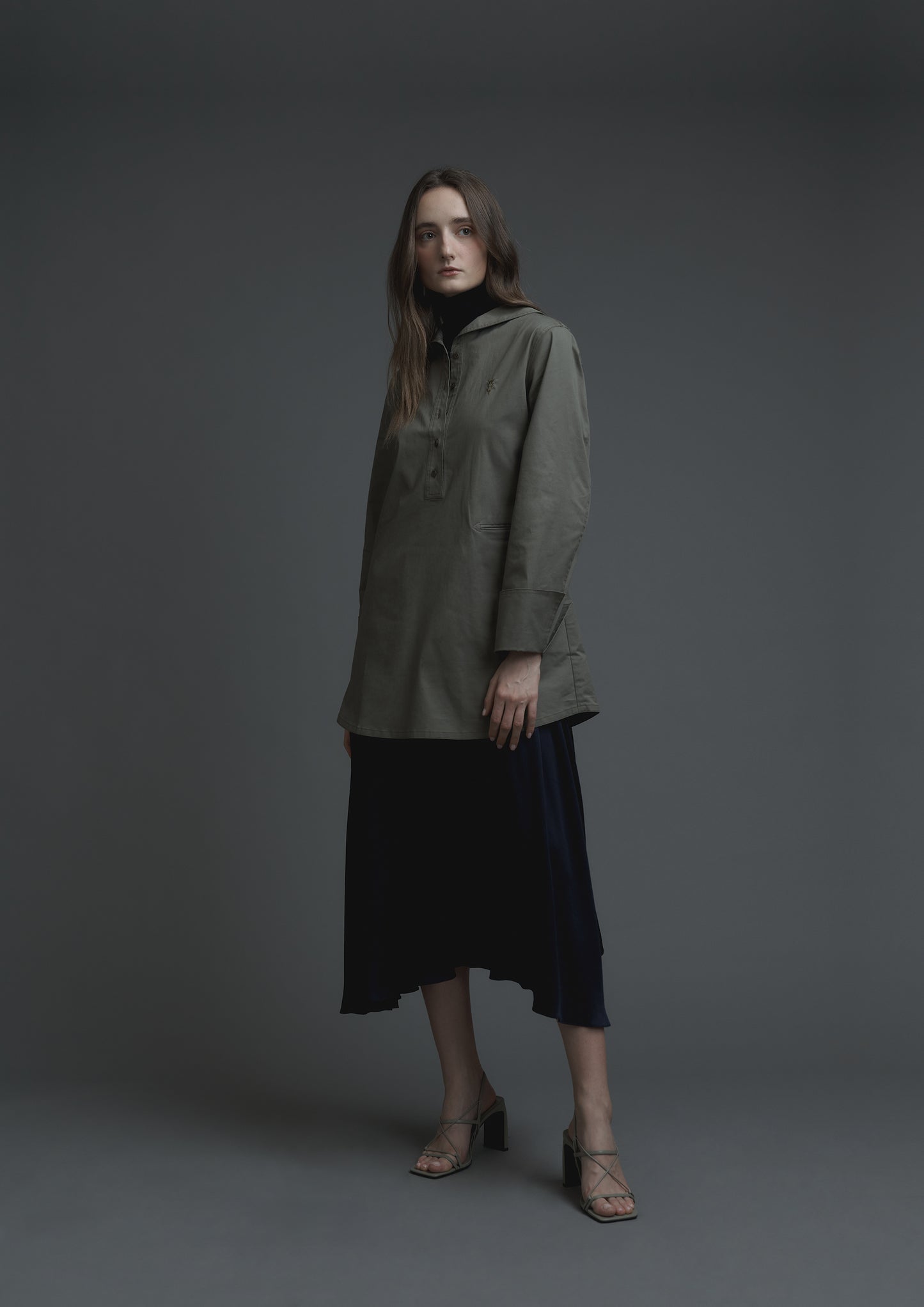 Turtle neck flare maxi dress in navy crease satin