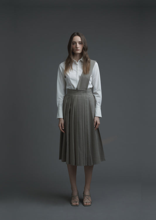 Uniform pleated skirt in beige striped suiting