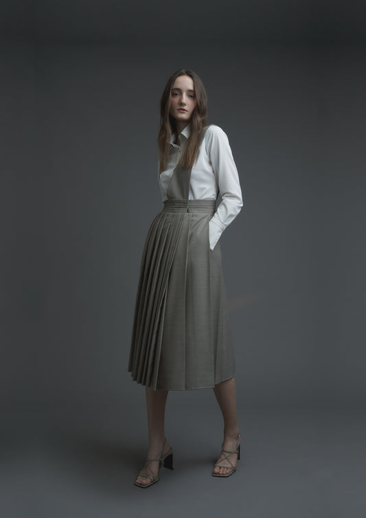 Uniform pleated skirt in beige striped suiting