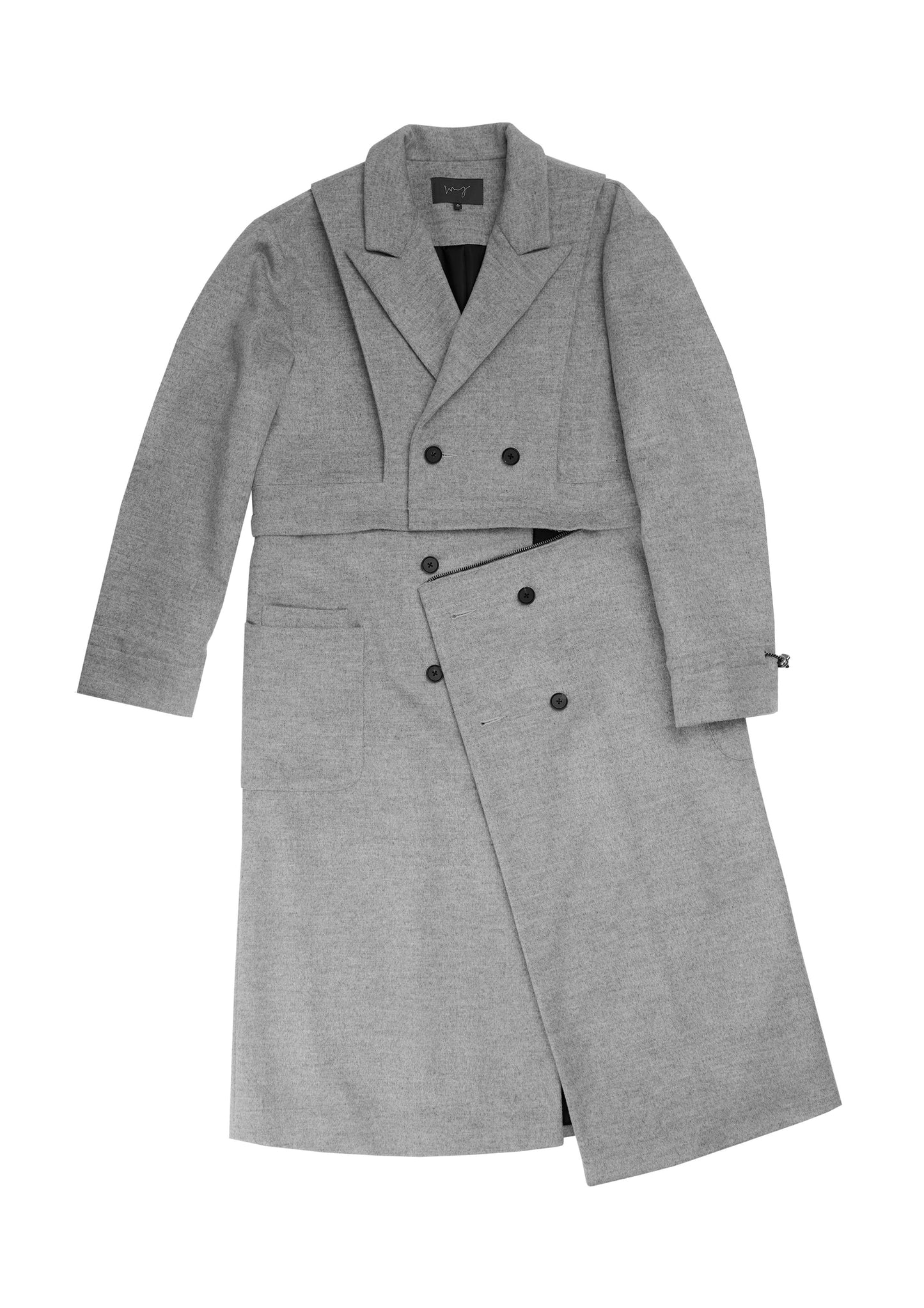 Apron cut 2-way lab coat in grey woolen