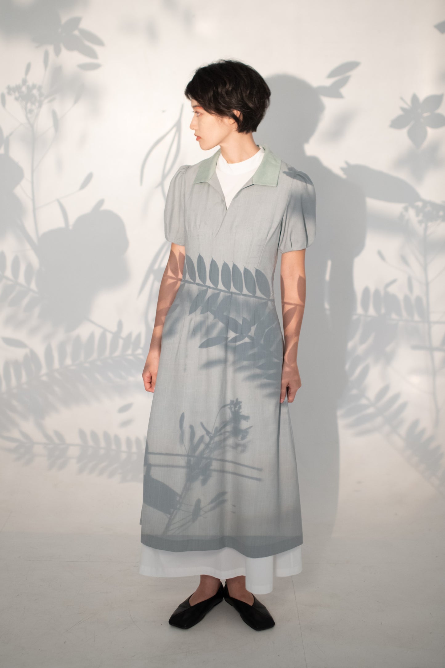 Puff sleeve dress mint checked woolen suiting