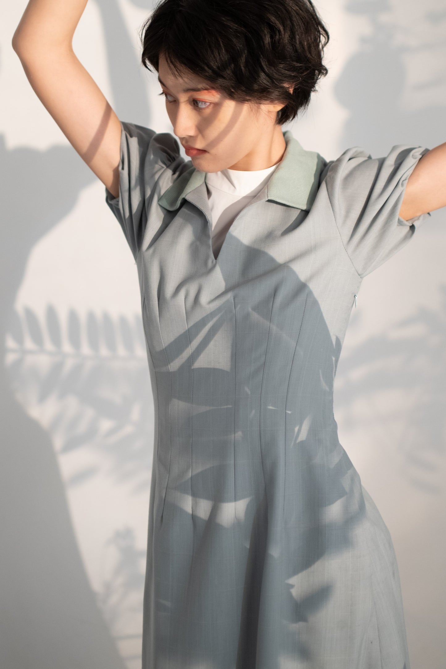 Puff sleeve dress mint checked woolen suiting