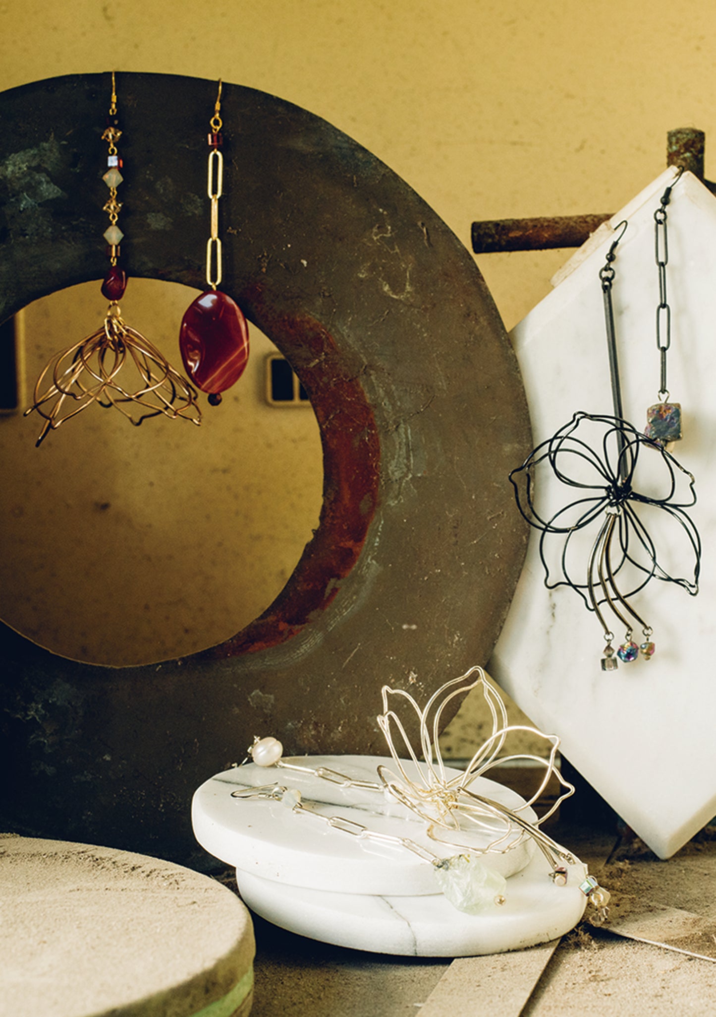 Floral in gold asymmetric earrings
