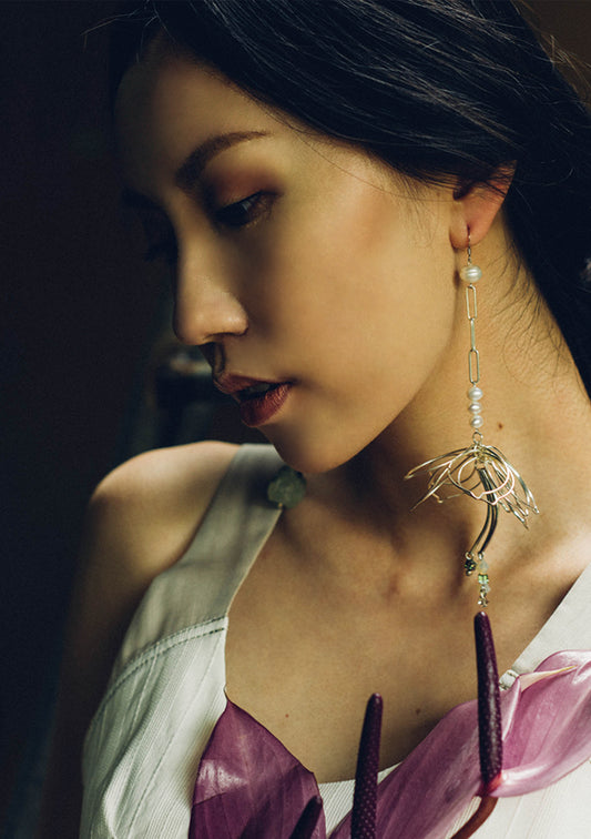 Floral in silver asymmetric earrings