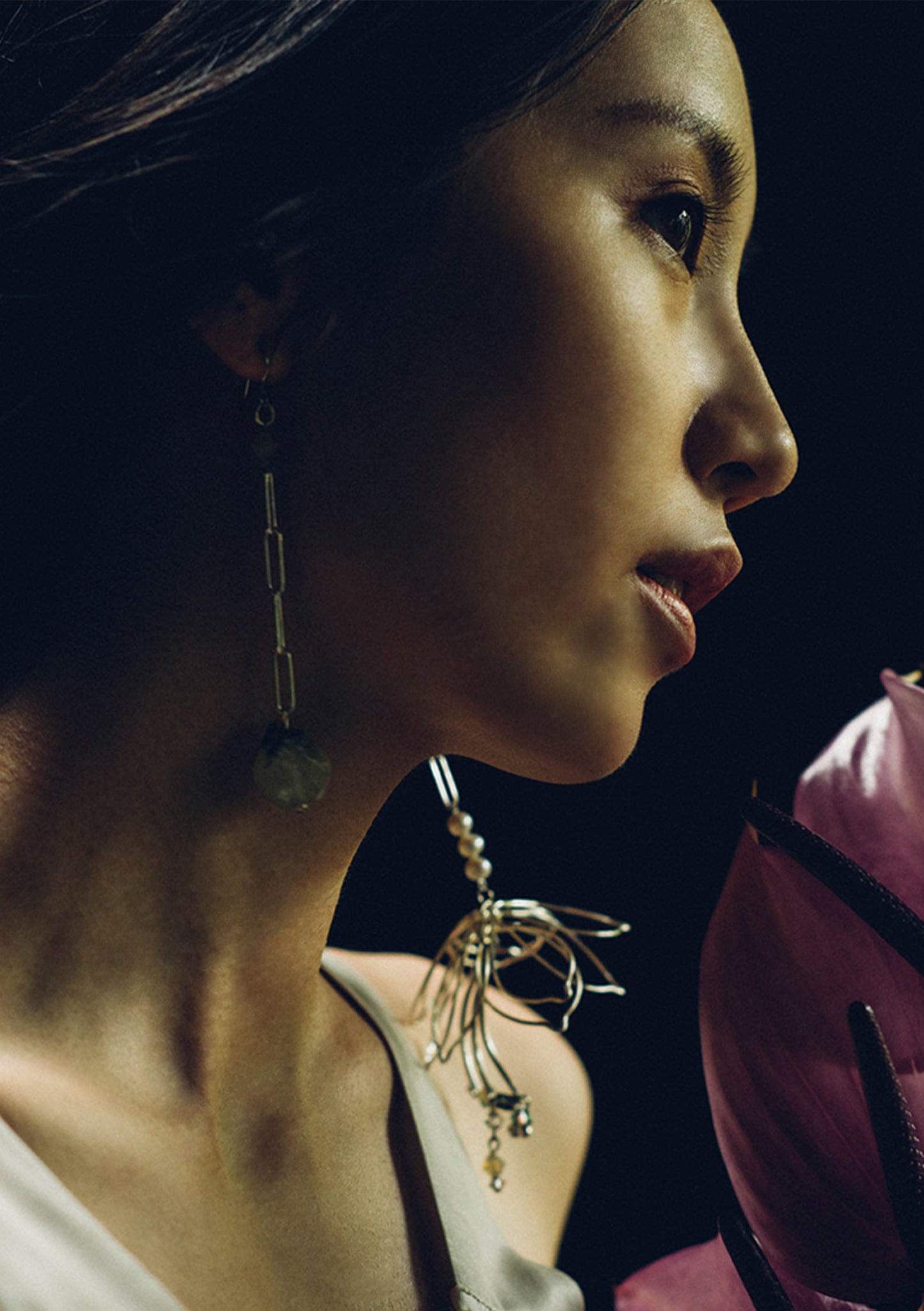 Floral in silver asymmetric earrings