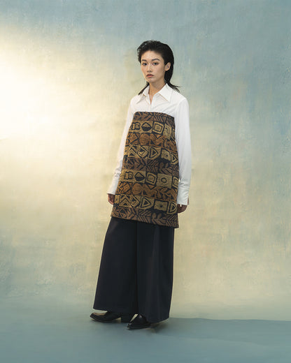 2-Way Tube Top/Skirt in Brown Jacquard, inspired by Kimono Obi Age, styled as a tube top.