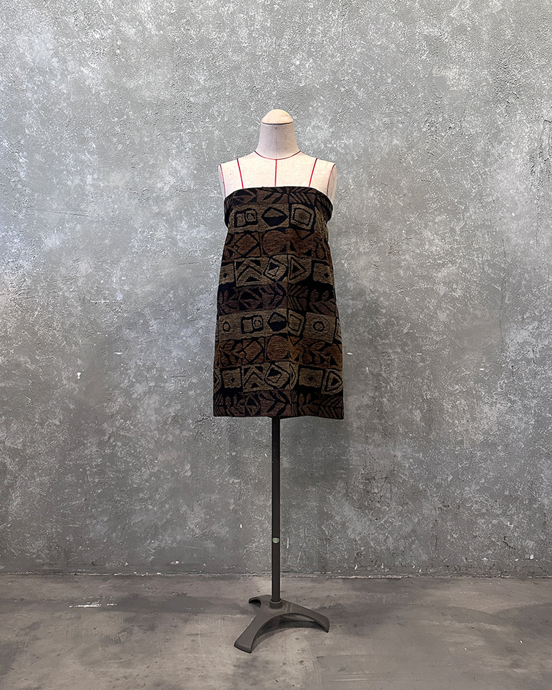 2-Way Tube Top/Skirt in Brown Jacquard, inspired by Kimono Obi Age, styled as a tube top.