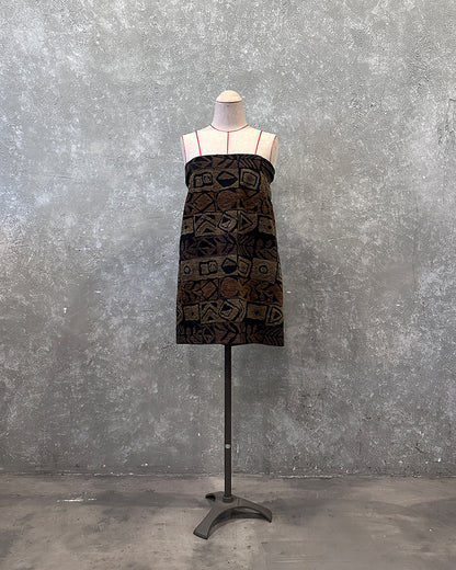 2-Way Tube Top/Skirt in Brown Jacquard, inspired by Kimono Obi Age, styled as a tube top.