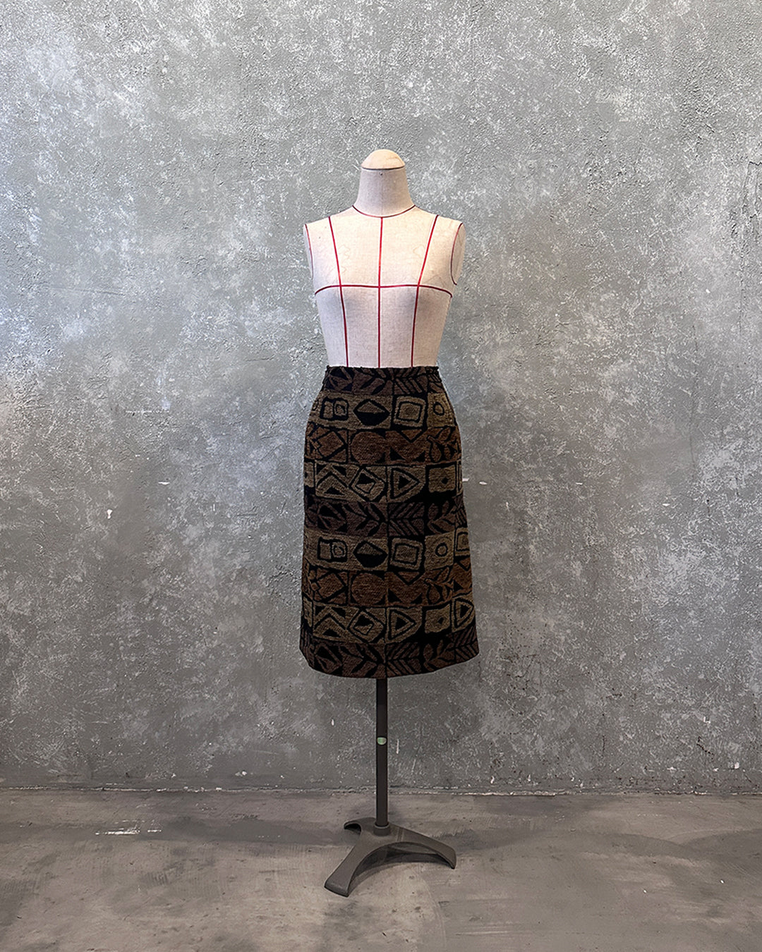 2-Way Tube Top/Skirt in Brown Jacquard, inspired by Kimono Obi Age, styled as a skirt.