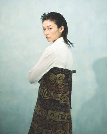 2-Way Tube Top/Skirt in Brown Jacquard, inspired by Kimono Obi Age, styled as a tube top.