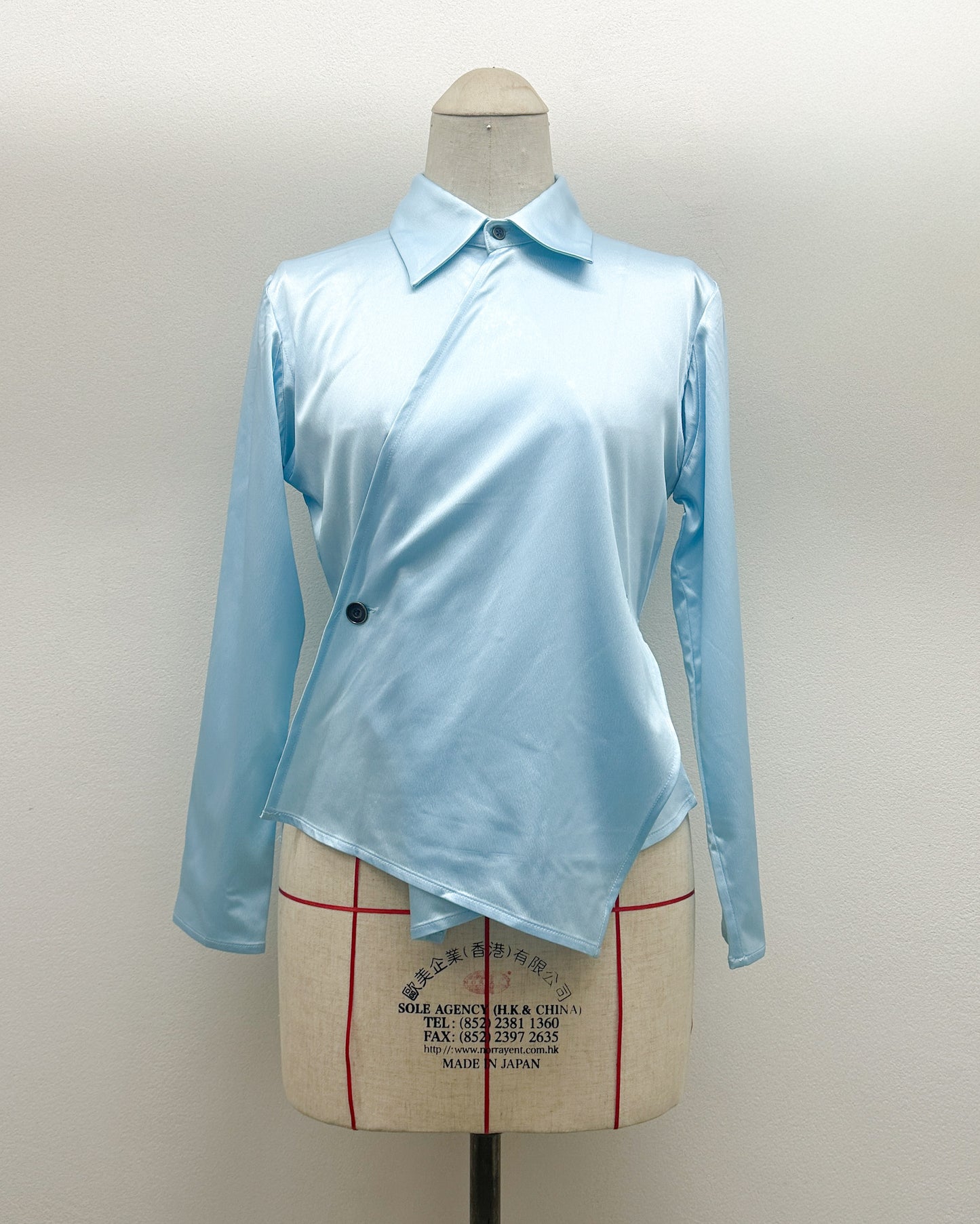 Cross button up shirt in baby blue satin