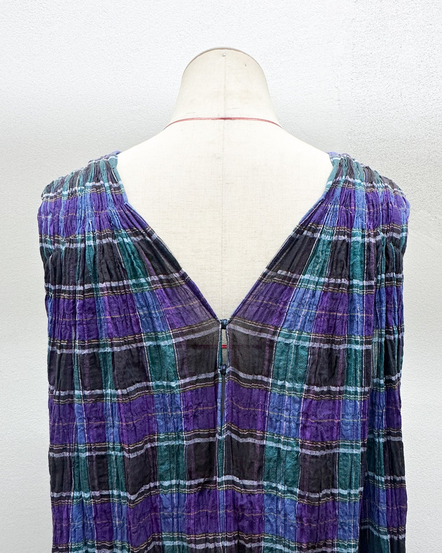 Hand pleated Guàn tóu yī in purple check cotton (LAST ONE)