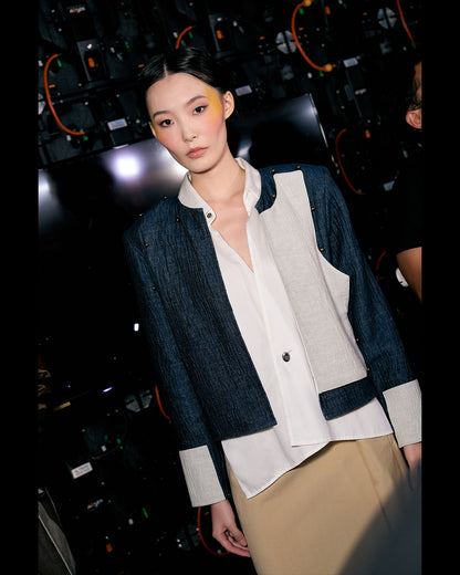 Unisex tribe blazer in navy cotton linen