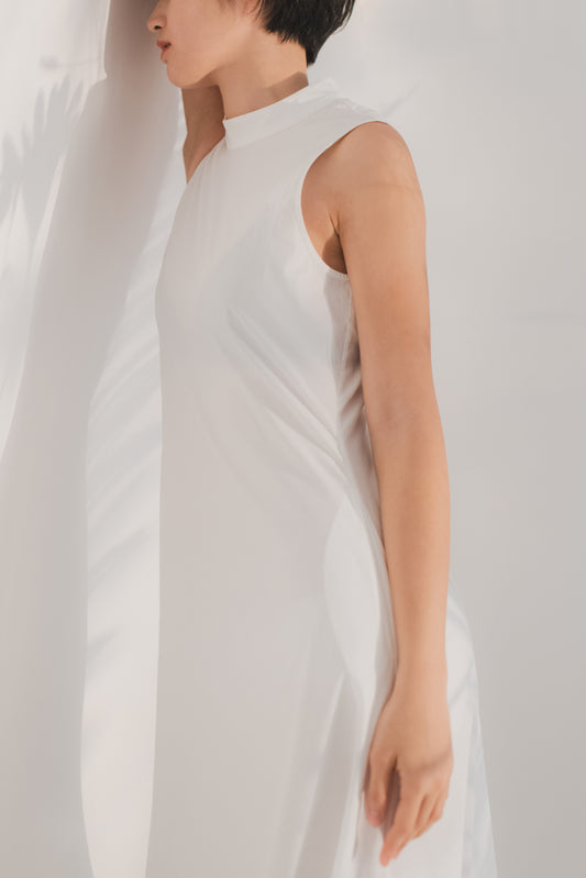 Stand collar long dress in white shirting