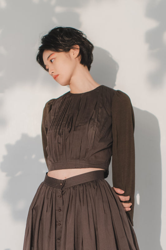 Puff sleeve hand pleated top in brown