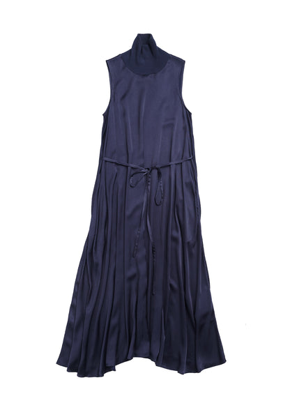 Turtle neck flare maxi dress in navy crease satin