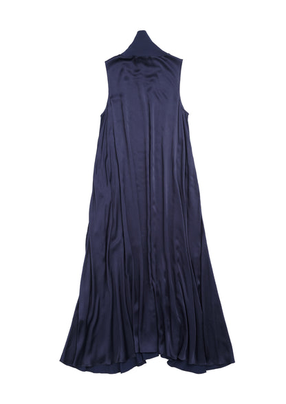 Turtle neck flare maxi dress in navy crease satin