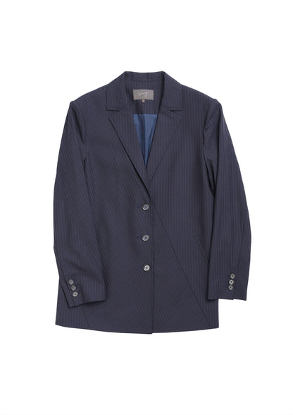 Slash cut blazer in navy striped woolen suiting