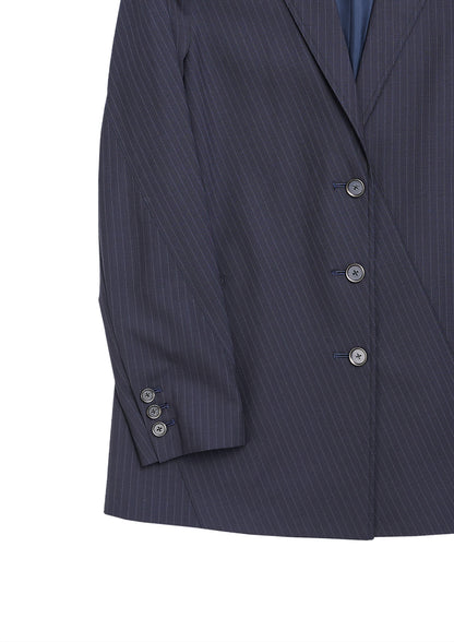 Slash cut blazer in navy striped woolen suiting