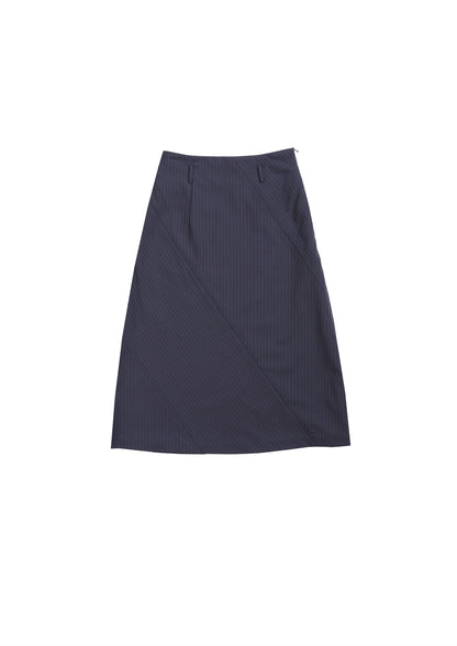 Slash cut A-line skirt in navy striped woolen suiting