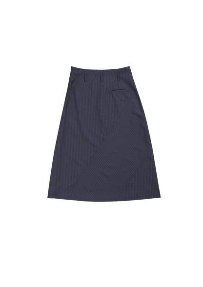 Slash cut A-line skirt in navy striped woolen suiting