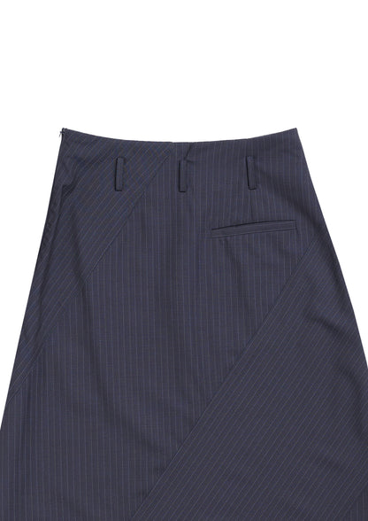 Slash cut A-line skirt in navy striped woolen suiting