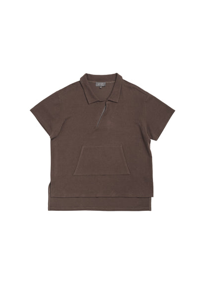 Polo neck t-shirt in brown fleece jersey