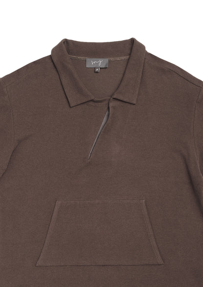 Polo neck t-shirt in brown fleece jersey