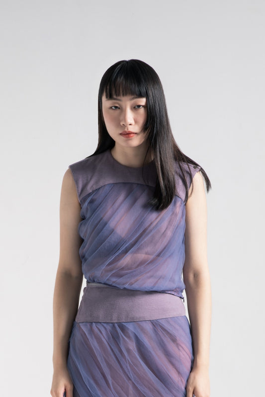 Mermaid tulle top with rib collar in night purple mesh