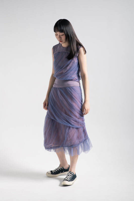 Mermaid tulle top with rib collar in night purple mesh