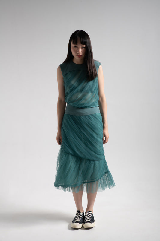 Mermaid tulle pleated skirt in turtle green mesh