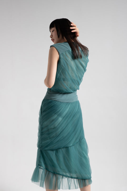 Mermaid tulle top with rib collar in turtle green mesh