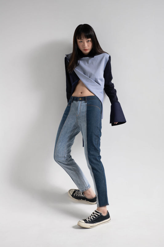 Patched fabric overlap shirt in blue striped shirting and navy cotton rayon