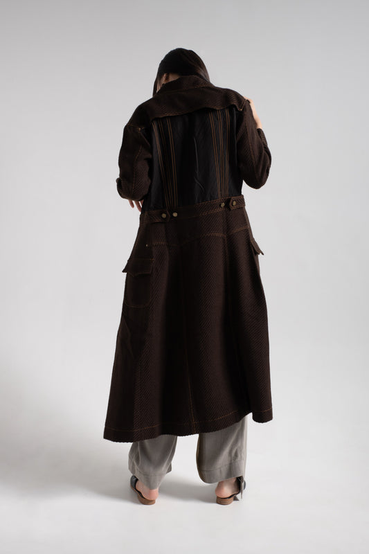Denim jacket like long coat in brown woolen twill