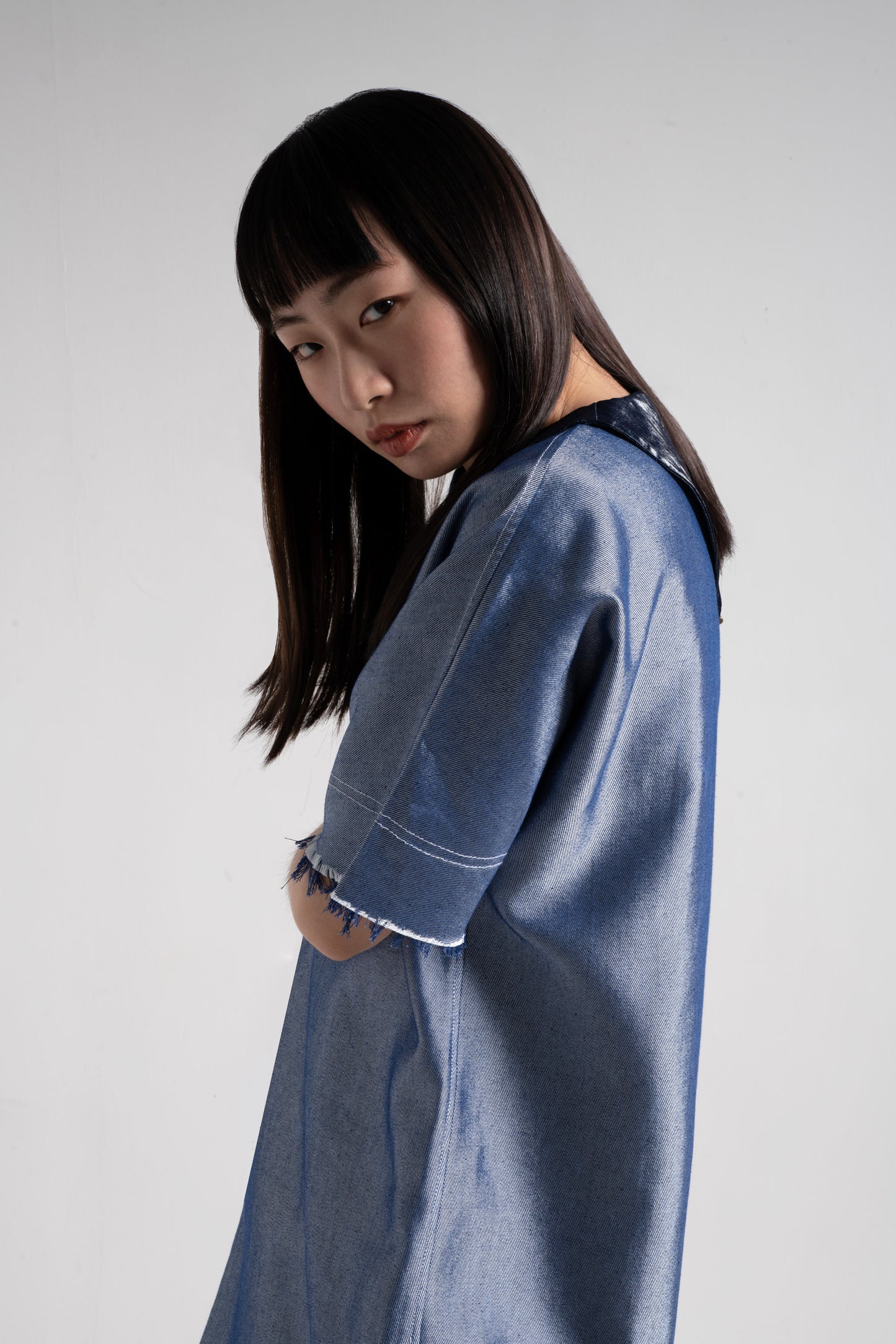 Silver blue denim kimono coat