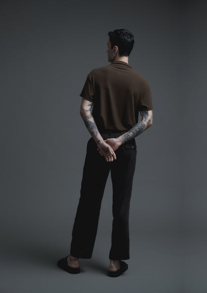 Polo neck t-shirt in brown fleece jersey