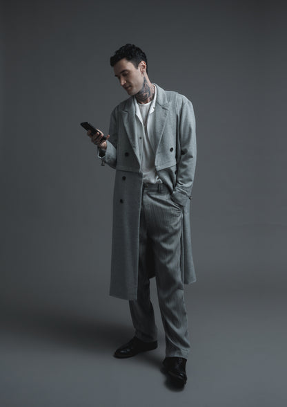 Apron cut 2-way lab coat in grey woolen