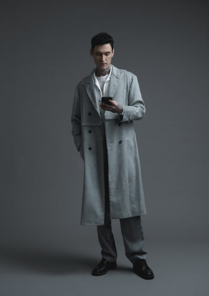 Apron cut 2-way lab coat in grey woolen