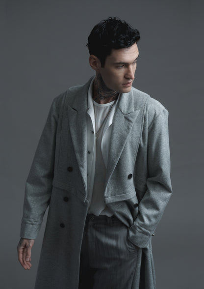 Apron cut 2-way lab coat in grey woolen