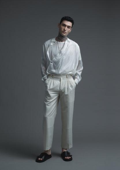 Patient trousers  in cream striped woolen suiting