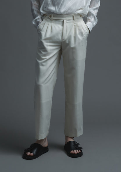 Patient trousers  in cream striped woolen suiting