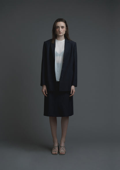 Slash cut blazer in navy striped woolen suiting