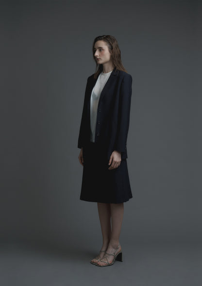 Slash cut A-line skirt in navy striped woolen suiting