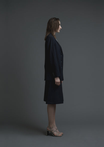 Slash cut A-line skirt in navy striped woolen suiting