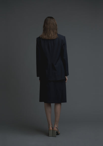 Slash cut A-line skirt in navy striped woolen suiting