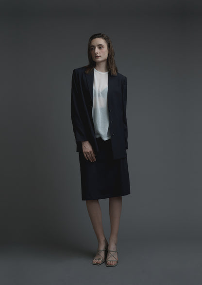 Slash cut A-line skirt in navy striped woolen suiting