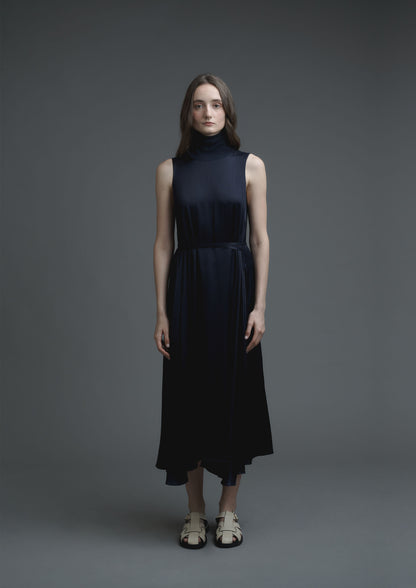 Turtle neck flare maxi dress in navy crease satin