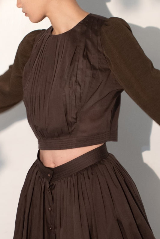 Puff sleeve hand pleated top in brown
